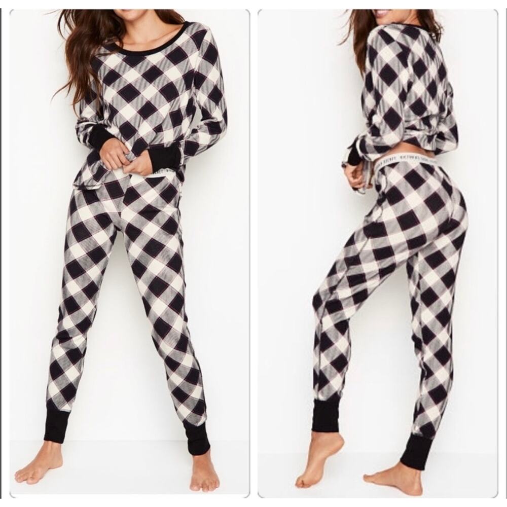 Victoria Secret | Waffle Knit Pajama Set Black & White Buffalo Check